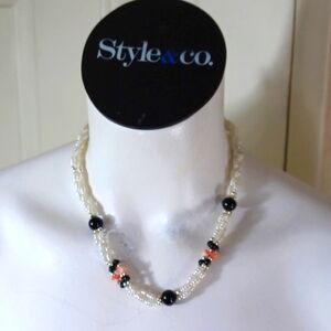 Vintage 70S  Salt Water Coral  & 3 Strand Pearl & Onyx Braided Necklace‎ 18 Long